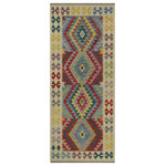 Bareens Designer Rugs - Bohemian Turkish Kilim Clark Hand-Woven Wool Runner - 2'7'' x 6'4'' - Elevate the elegance of your home with this stunning hand-woven tribal Kilim wool rug. Meticulously crafted on a loom by the Nomad Turkman people using hand-spun wool and 100% natural vegetable dyes, these rugs are recognized for their repetitive geometric patterns, incorporating naturalistic floral and traditional designs. The contemporary fashion palette results in bold, sharp patterns that are incredibly versatile, as the pattern is the same on both sides. These reversible rugs feature a lighter shade on one side and brighter colors on the other, providing versatility according to preference. These unique rugs are made by knotting short strands of different colors onto the warps and securing them by tightly pressing the wefts. The designs are created by interweaving the various colored wefts and warps. Kilims are known for their exceptional durability and versatility, making them truly unique rugs.  Product Details    Rug Size: 2'7'' x 6'4''  Material: 100% Wool  Style: Kilim, Flat Weave, Dhurrie, Turkish, Southwestern, Rustic, Tribal  Colors: Blue, Beige  Weave Type: Hand-Woven, Handmade  Pile Height: Less than 0.25 inch