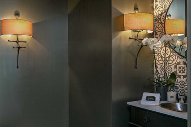 Example of a large transitional 3/4 black and white tile bathroom design in San Francisco with gray countertops