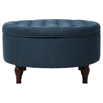 Classic Ottoman, Turned Legs & Tufted Flip Over Lid With Wooden Surface, Navy