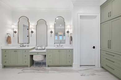 Bathroom - large coastal marble floor and double-sink bathroom idea in Other with beaded inset cabinets, green cabinets, white walls, an undermount sink, quartz countertops, white countertops and a built-in vanity