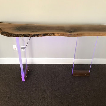 Natural Edge Wood Console Table with Acrylic Legs that Change Colors