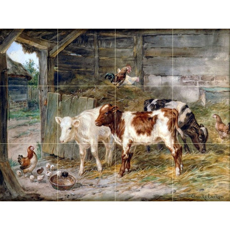 Tile Mural Cattle and Chickens Backsplash Ceramic Glossy