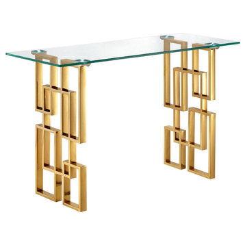 Elegant Console Table, Geometric Stainless Steel Base & Clear Glass Top, Gold