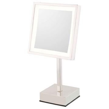 Square Rechargeable LED Lighted Freestanding Makeup Mirror, Polished Nickel, Warm White Light 3500 Kelvin