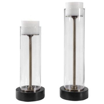 Bowery Hill Modern Glass Candleholder in Aged Brass (Set of 2)