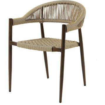 Patio Dining Chair, Aluminum Frame & Woven Wicker Seat, Light Brown/Walnut Brown