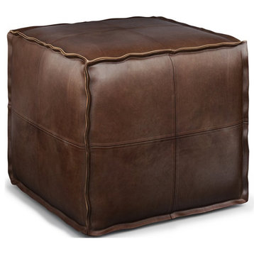 Pemberly Row Transitional Faux Leather Boho Square Pouf in Distressed Dark Brown