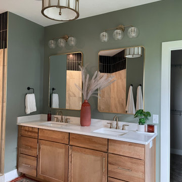 Angled Kitchen Design with Slab Style Cabinets in Pecan Stain