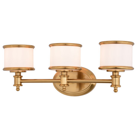 Carlisle Vanity Light, Natural Brass, White Frosted Opal Glass, 3-Light