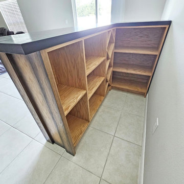 Custom L Shape Plank Bar, Inside Natural Oak Cabinet, Double “X" Wine Rack