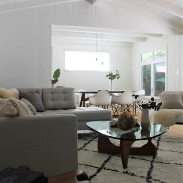 White Painted Beamed Ceiling in LA Remodel with Scandi Flavor