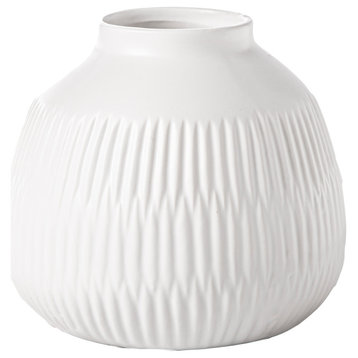 Ceramic Wide Entry Vase with Layered Vertical Pattern Design Matte White Finish