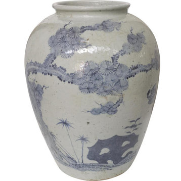 Jar Vase Pine Deer Tree Open Top Blue White Ceramic Handmade Ha