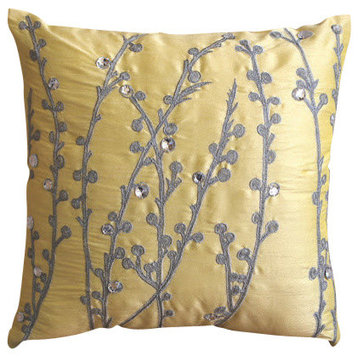 Yellow Floral Pillows 20"x20" Silk Throw Pillow Cover, Yellow Crystal Willow