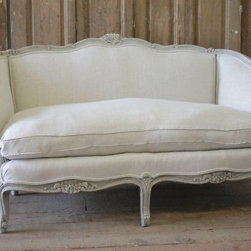 20th Century Carved and Painted Settee Upholstered in Belgian Linen