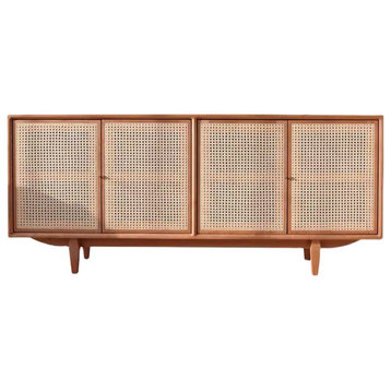 63" Nordic Natural Sideboard Buffet Rattan Kitchen Cabinet 4 Doors 4 Shelves