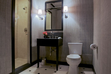 Mid-sized trendy 3/4 beige tile and ceramic tile marble floor alcove shower photo in Chicago with open cabinets, black cabinets, a two-piece toilet, gray walls, a console sink and wood countertops