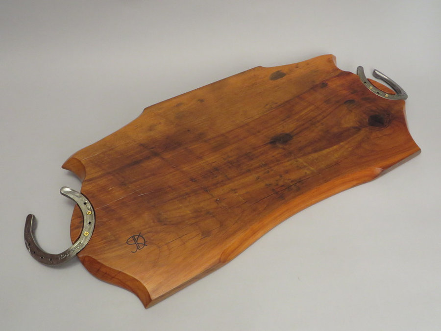 #15047 Rear Detail: Hand-Carved Serving Tray. Reclaimed Beech & Horseshoe Handle