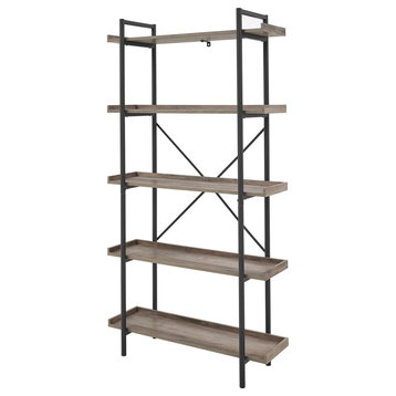 Industrial Bookcase, Iron Frame & Beveled Shelves With X-Back Support, Gray Wash