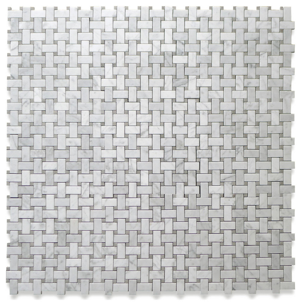 Carrara Venato Marble 1x2 Basketweave Mosaic Tile Gray Dots Polished, 1 sheet