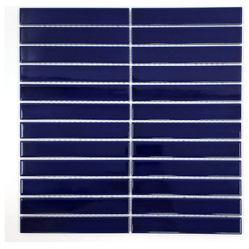 Gio Cobalt Blue Glossy 1" X 6" Stacked Linear Porcelain Mosaic Tile, 1 Sheet