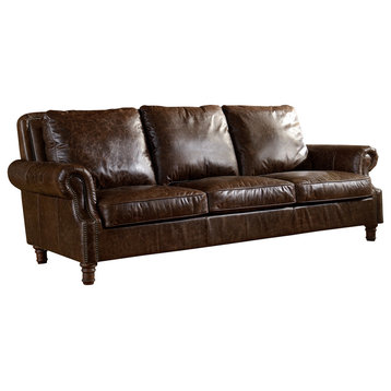 Leather English Rolled Arm Sofa, Dark Brown