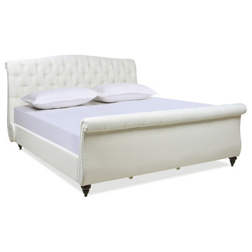 Nautlius King Bed Frame With Headboard and Footboard, Antique White Polyester