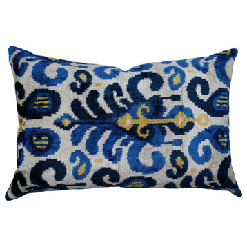 Canvello Handmade Gold Blue Velvet Throw Pillow Down Filled 16x24 in