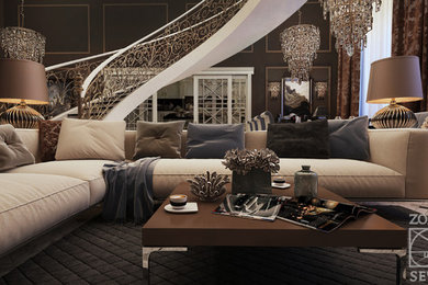 Источник вдохновения для домашнего уюта: большая открытая гостиная комната в классическом стиле с коричневыми стенами