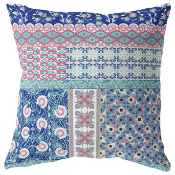 16" Blue Pink Patch Indoor Outdoor Zippered Throw Pillow