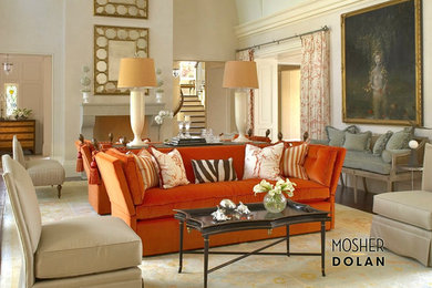 Mid-sized formal and enclosed carpeted living room photo in Detroit with white walls, a standard fireplace and a stone fireplace