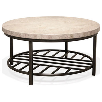 Elegant Coffee Table, Metal Base With Grid Shelf, Genuine Travertine Stone Top