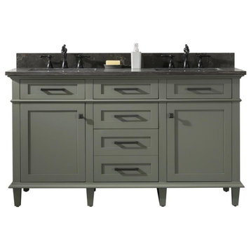 60" Pewter Green Finish Double Sink Vanity Cabinet With Blue Lime Stone Top