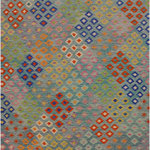 Bareens Designer Rugs - Boho Chic Turkish Kilim Amiee Hand-Woven Wool Rug - 6'6'' x 9'9'' - Elevate the elegance of your home with this stunning hand-woven tribal Kilim wool rug. Meticulously crafted on a loom by the Nomad Turkman people using hand-spun wool and 100% natural vegetable dyes, these rugs are recognized for their repetitive geometric patterns, incorporating naturalistic floral and traditional designs. The contemporary fashion palette results in bold, sharp patterns that are incredibly versatile, as the pattern is the same on both sides. These reversible rugs feature a lighter shade on one side and brighter colors on the other, providing versatility according to preference. These unique rugs are made by knotting short strands of different colors onto the warps and securing them by tightly pressing the wefts. The designs are created by interweaving the various colored wefts and warps. Kilims are known for their exceptional durability and versatility, making them truly unique rugs.  Product Details    Rug Size: 6'6'' x 9'9''  Material: 100% Wool  Style: Kilim, Flat Weave, Dhurrie, Turkish, Southwestern, Rustic, Tribal  Colors: Green, Orange, Blue, Teal  Weave Type: Hand-Woven, Handmade  Pile Height: Less than 0.25 inch