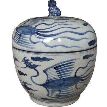 Jar Vase Phoenix Lidded White Blue Ceramic Handmade Hand