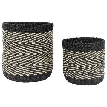 6.5" & 8" Abaca Barrel Zigzag Container, Natural and Black, Set of 2