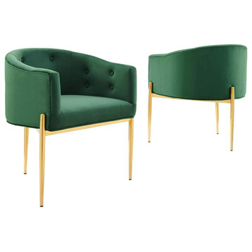 Set of 2 Elegant Accent Chair, Golden Legs and Curved Velvet Seat, Emerald