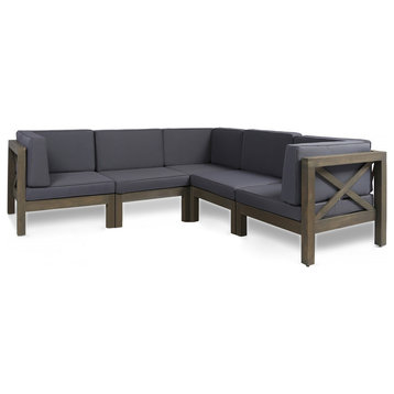 GDF Studio 5-Piece Keith Outdoor Acacia Wood Sectional Sofa Set, Gray/Dark Gray