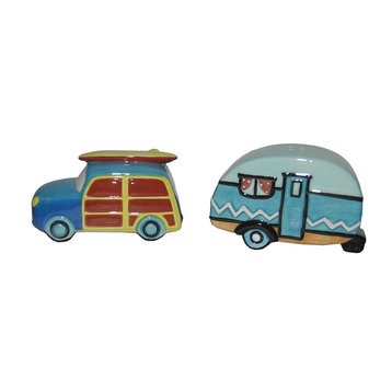 Woody Beach Car with Surfboard and Camper Salt and Pepper Shakers