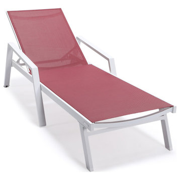 LeisureMod Marlin Patio Chaise Lounge Chair With Arms White Frame, Burgundy