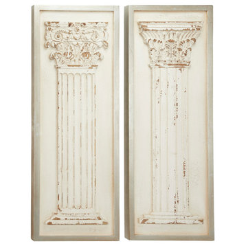 Distressed Antique Wood Wall Decor with Carved Greek Columns, Set of 2