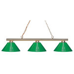 Z-Lite - Sharp Shooter 3-Light Billiard, Polished Brass With Green Shade - The simple styling of this three light fixture creates a classic statement. Finished in polished brass this three light fixture uses Green Plastic shades to compliment its classic look and 36" of chain per side is included to ensure the perfect hanging height.