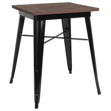 23.5" Square Black Metal Indoor Table With Walnut Rustic Wood Top