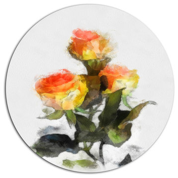 Hand-Drawn Yellow And Red Roses, Floral Round Wall Art, 11"