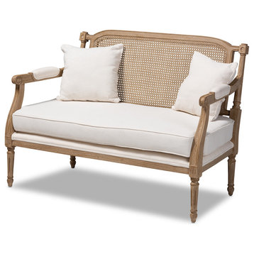 Ferrella French Ivory Upholstered Whitewashed Wood Armchair, Ivory/Oak