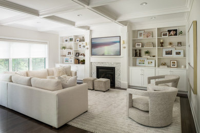 Large transitional coffered ceiling family room photo in New York with a tile fireplace