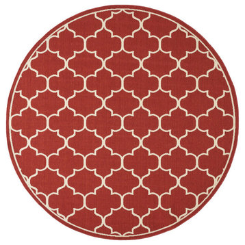 GDF Studio Vivian Outdoor Geometric  Area Rug, Red and Ivory, 7'10" Round