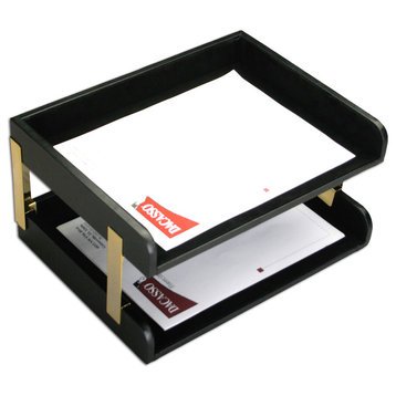 A1072 Classic Black Leather Double Side Load Letter Trays With Gold Posts