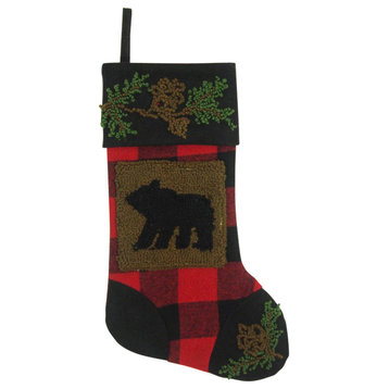 Plaid Christmas Stocking With Rug Hooked Bear