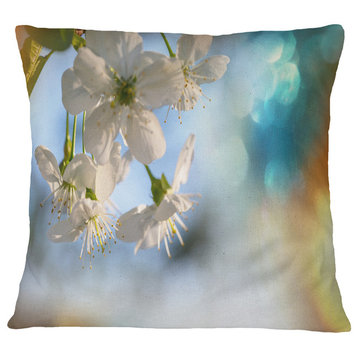 White Blossoming Cherry Tree Floral Throw Pillow, 18"x18"